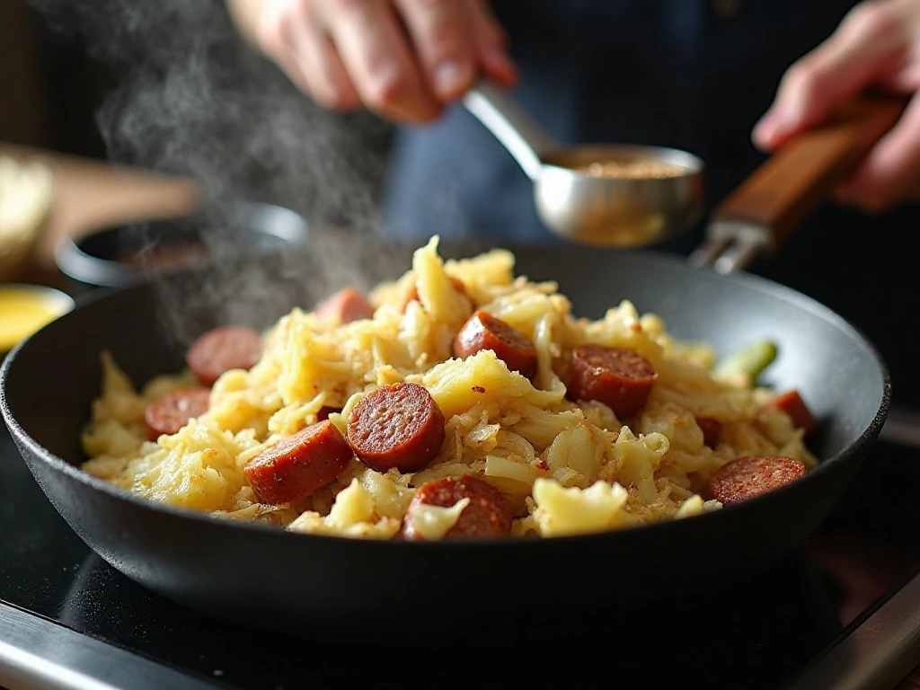 Cabbage cooking with browned sausage and onions