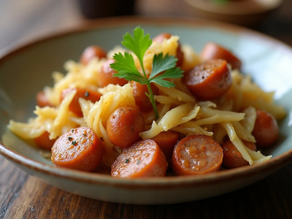 Close-up of leftover-friendly fried cabbage and sausage
