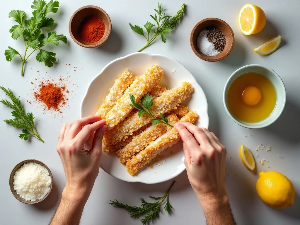 Ingredients for low-carb pork-rind coated cod fish sticks