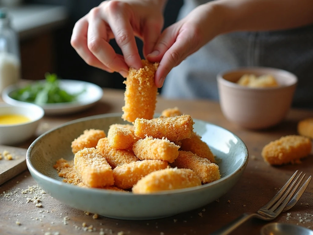 Coating cod sticks in seasoned pork-rind crumbs