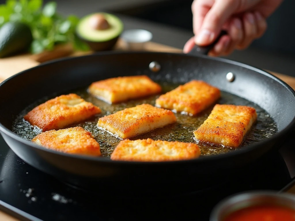 Cod fish sticks frying in hot oil without overcrowding