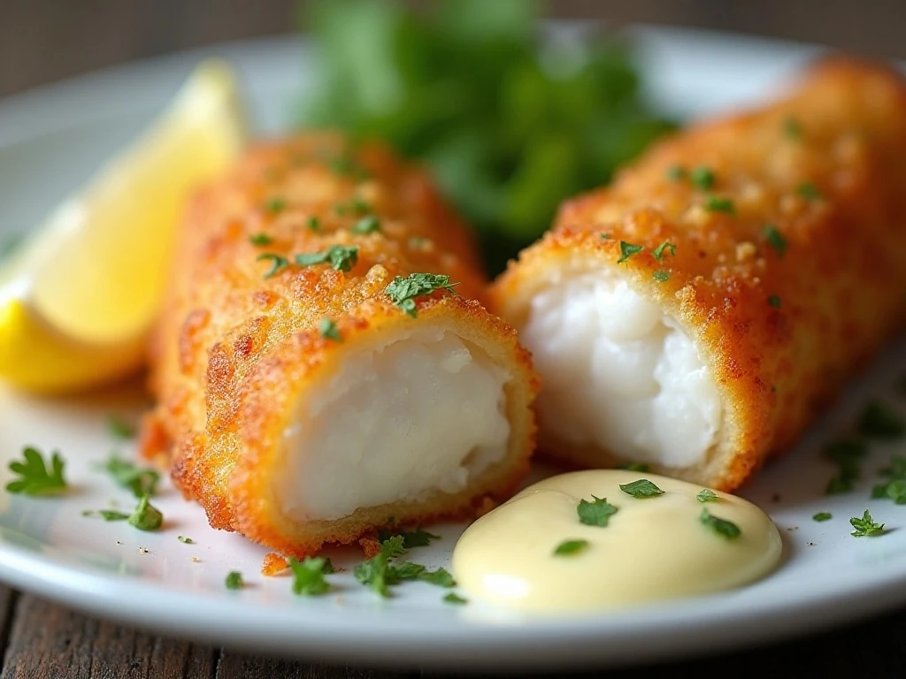 Close-up of flaky cod inside a crispy keto coating