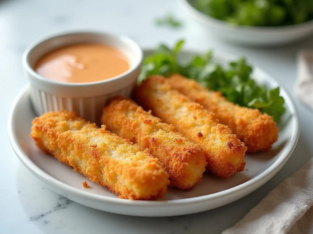 Crispy reheated low-carb cod fish sticks ready to serve