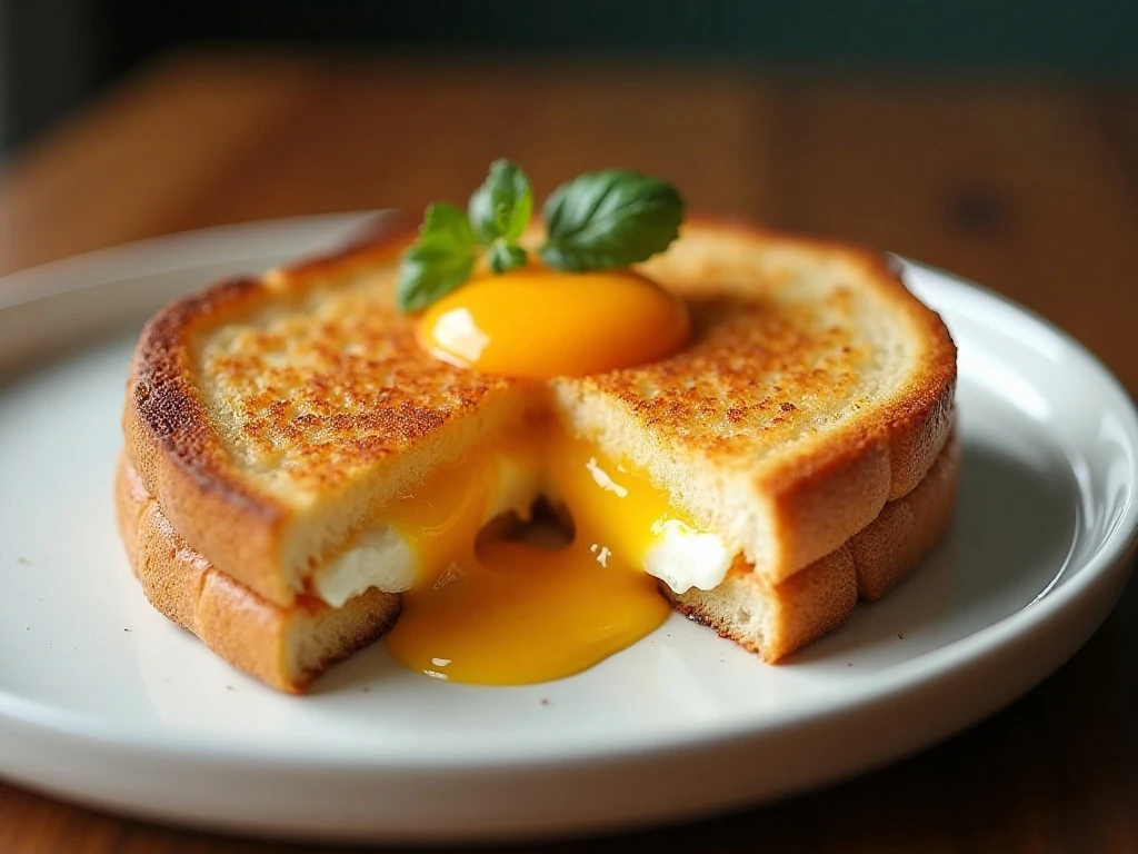 Fried egg grilled cheese sandwich with melted cheese and crisp golden bread
