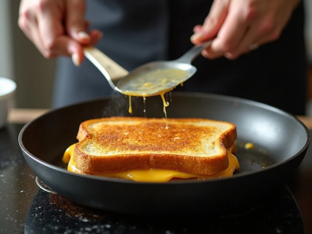 Golden grilled cheese sandwich cooking slowly in a skillet