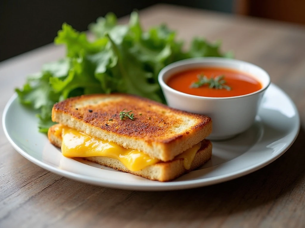 Fried egg grilled cheese served with tomato soup and salad