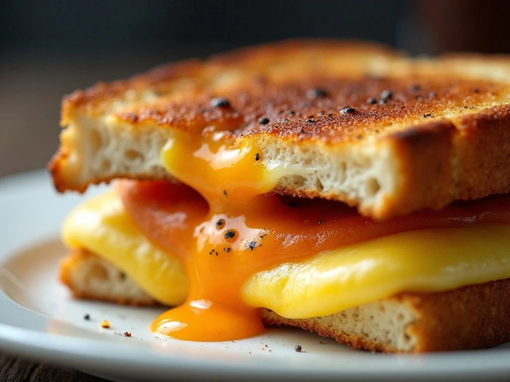 Close-up of crisp reheated fried egg grilled cheese