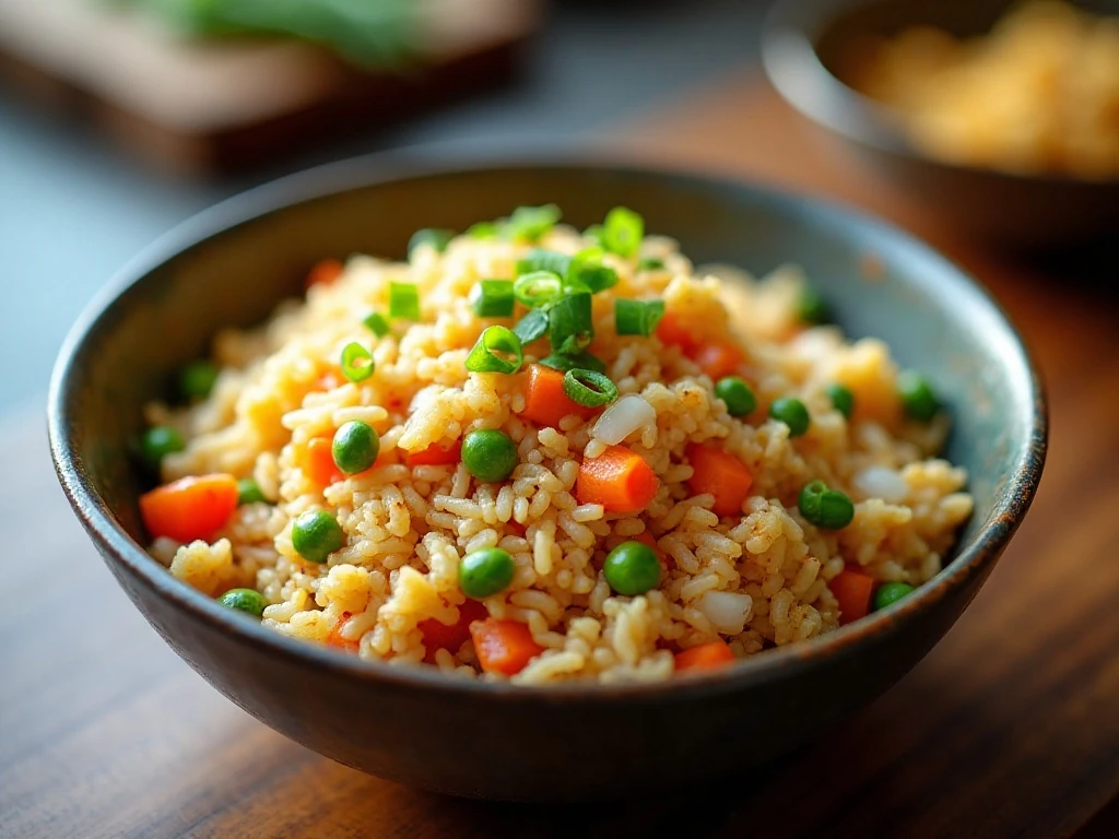 Bowl of easy homemade fried rice with egg, peas, carrots, and green onions