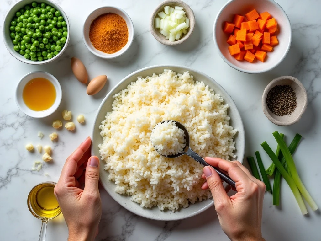 Ingredients for 15-minute fried rice arranged on a kitchen counter