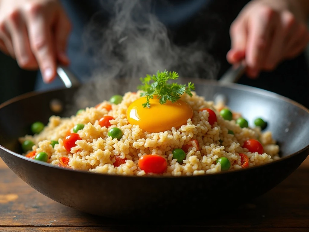 Fried rice cooking with vegetables and egg in a hot skillet