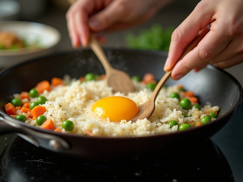 Cold rice frying with vegetables in a large skillet for better texture