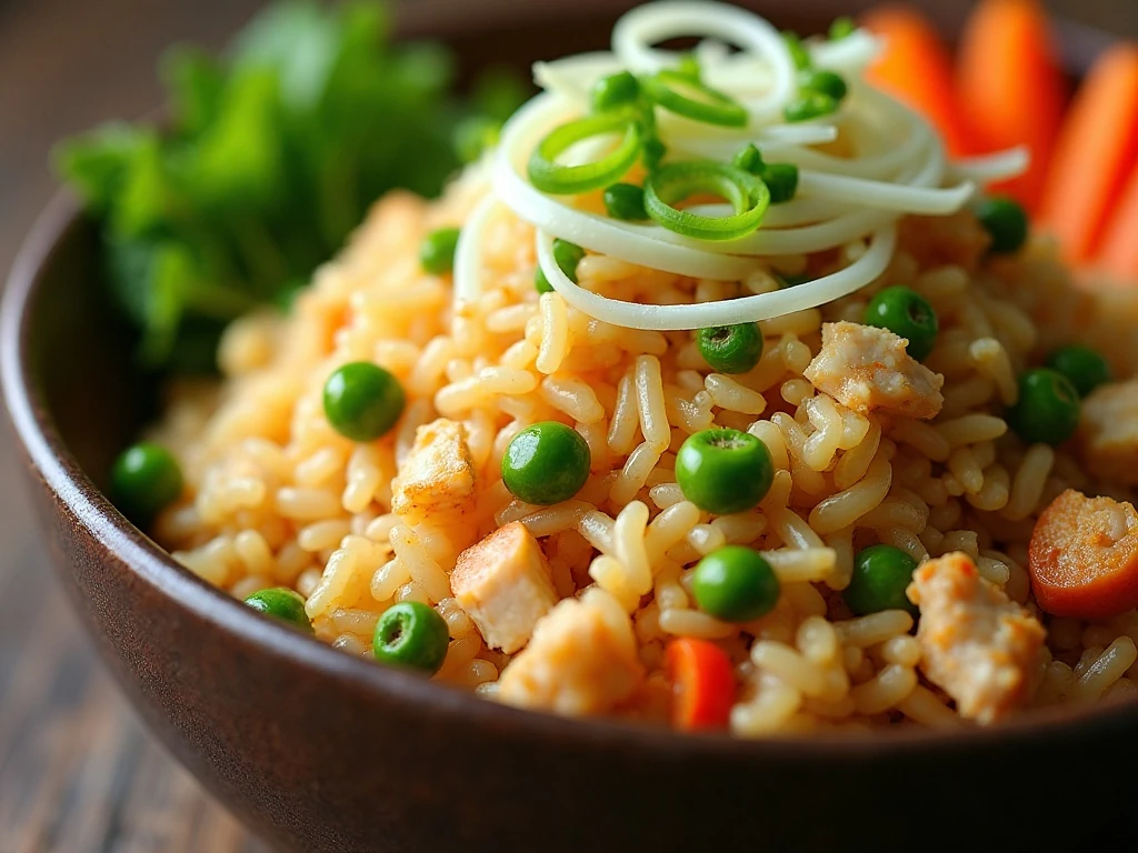Close-up of fried rice garnished with green onions and optional chicken