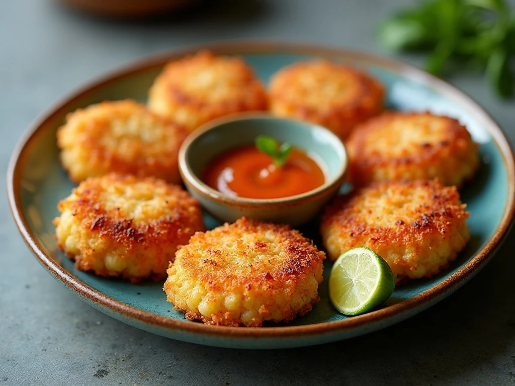 Golden crispy fried shrimp cakes served with sweet chili sauce and lime wedges