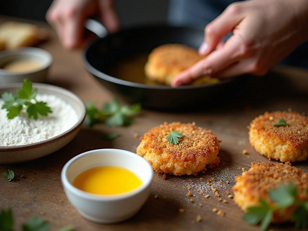 Breading shrimp cakes with flour egg wash and panko breadcrumbs