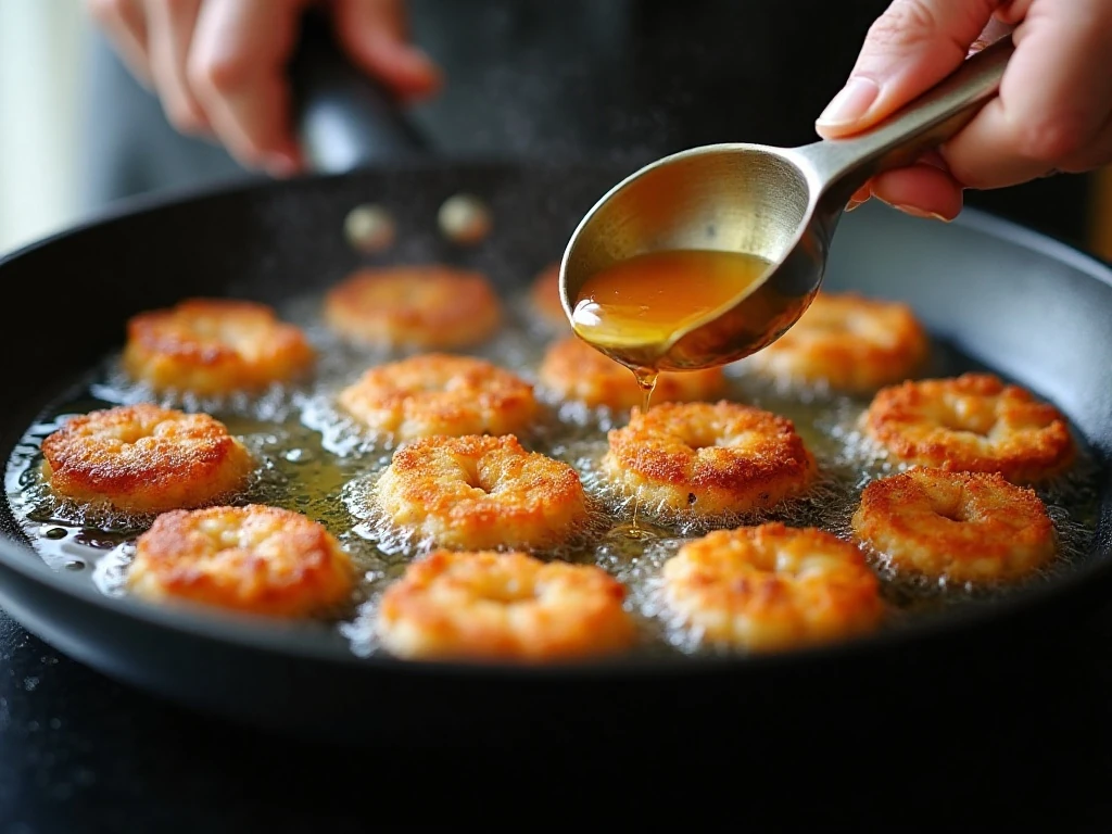 Shrimp cakes frying in shallow oil until golden and crisp
