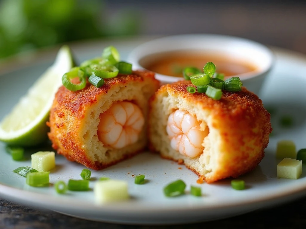 Crispy shrimp cake cut open with tender shrimp center and dipping sauce