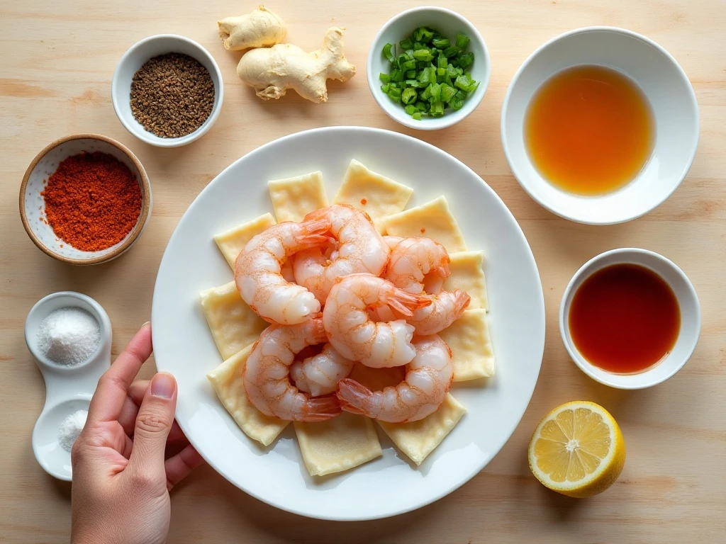 Ingredients for crispy fried shrimp wontons arranged on a countertop