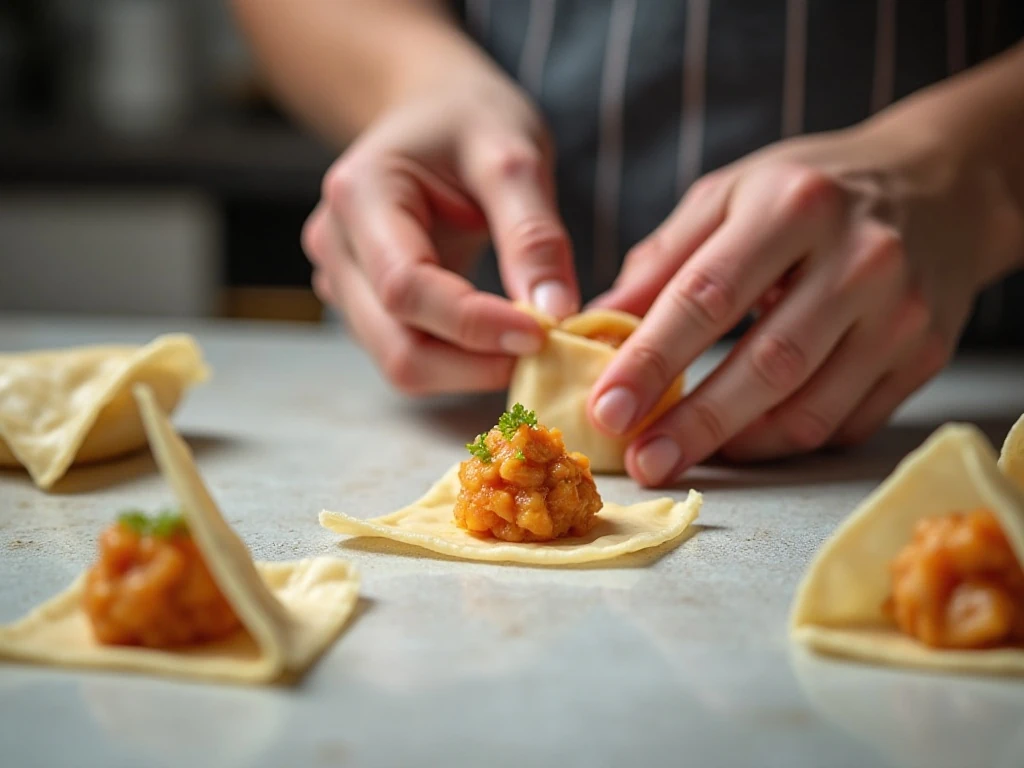 Folding shrimp filling into a wonton wrapper