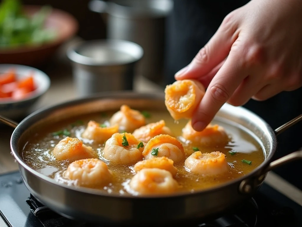 Frying shrimp wontons in hot oil until golden and crisp