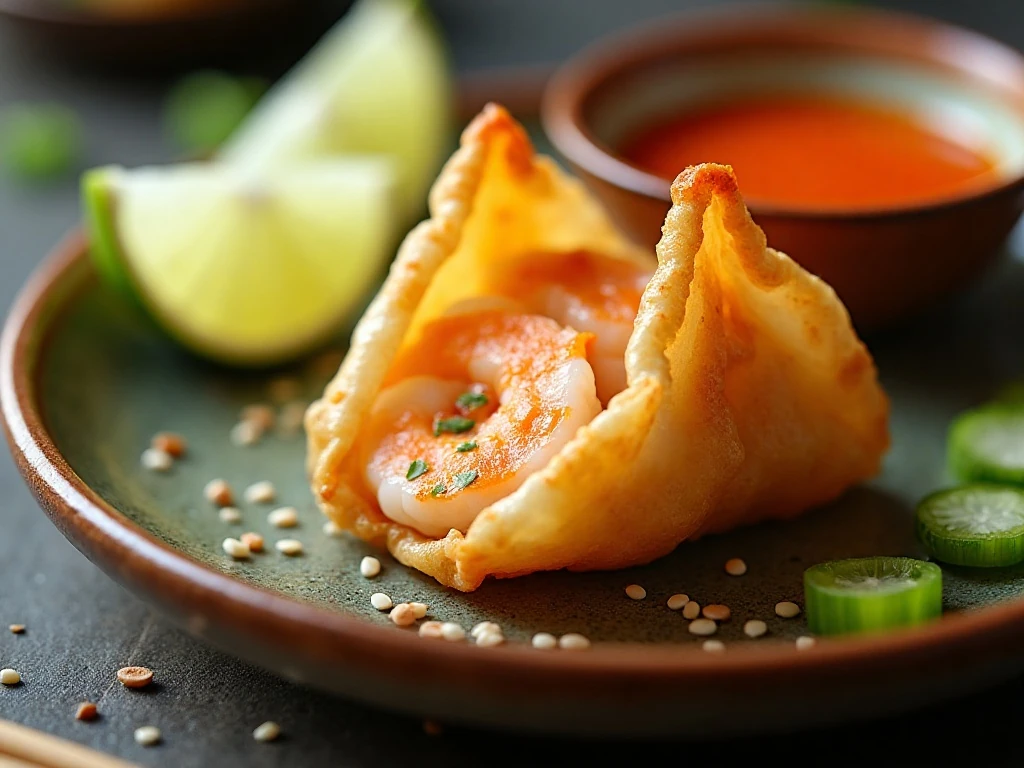 Crispy shrimp wonton with sweet chili dipping sauce and garnishes