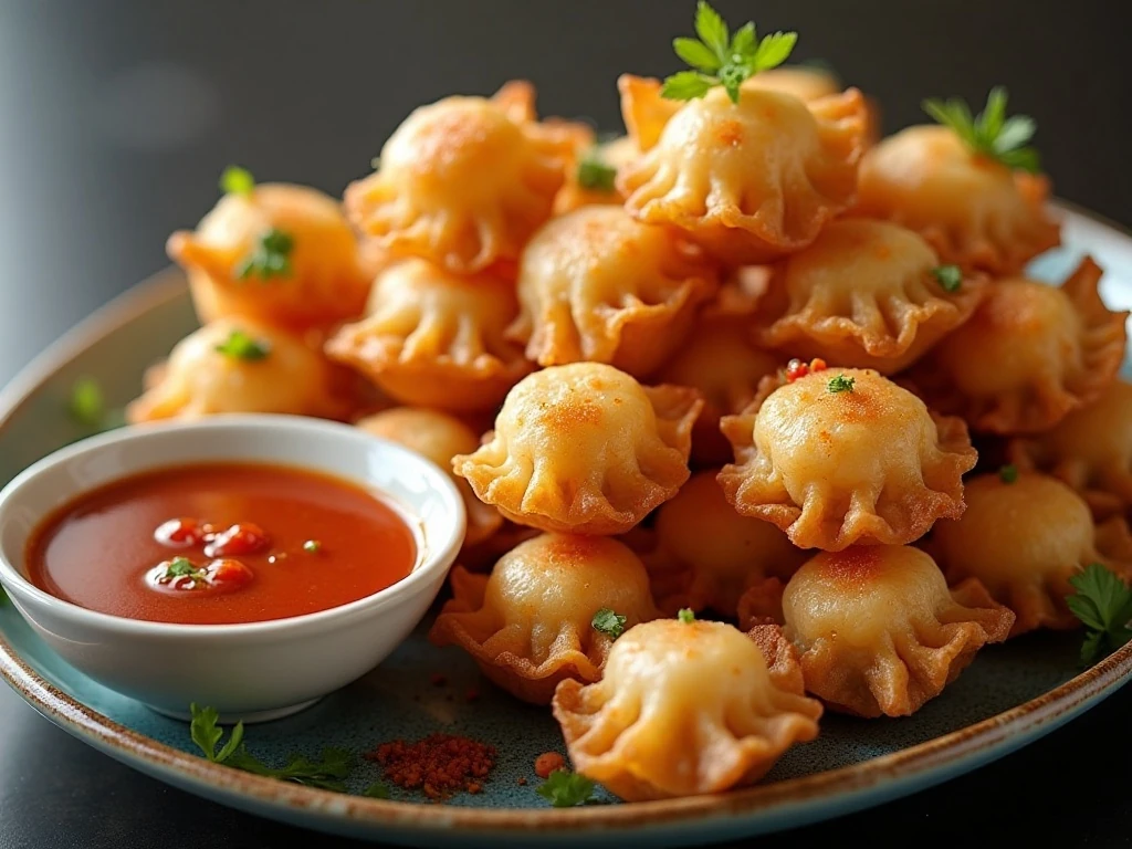 Platter of crispy fried shrimp wontons ready to serve