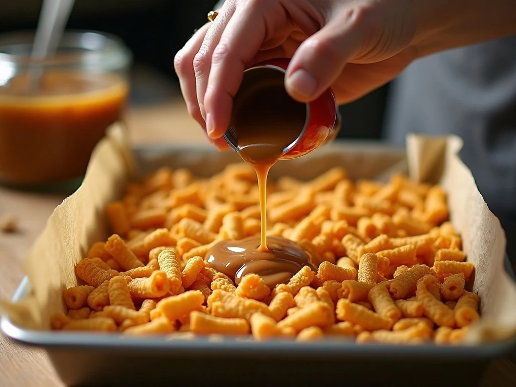 Peanut butter syrup poured over whole Fritos in a baking pan