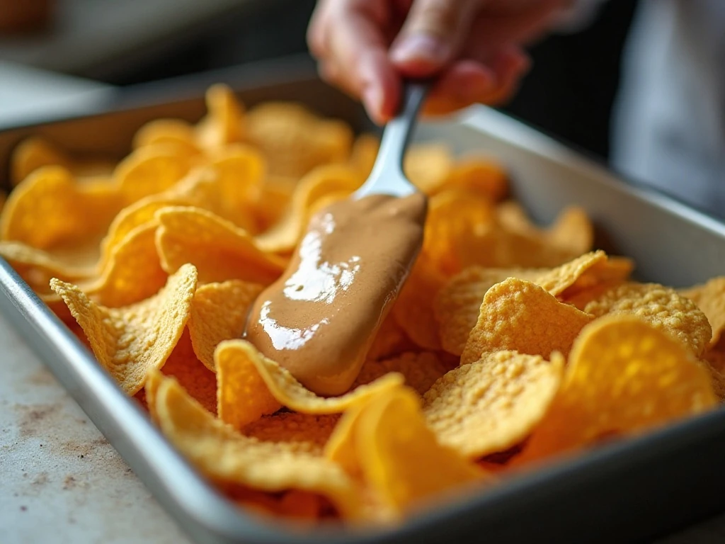 Spatula spreading peanut butter coating over Fritos