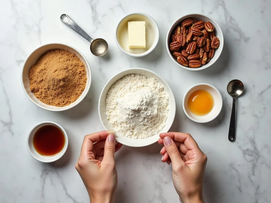 Ingredients for frosted pecan pie muffins arranged for baking