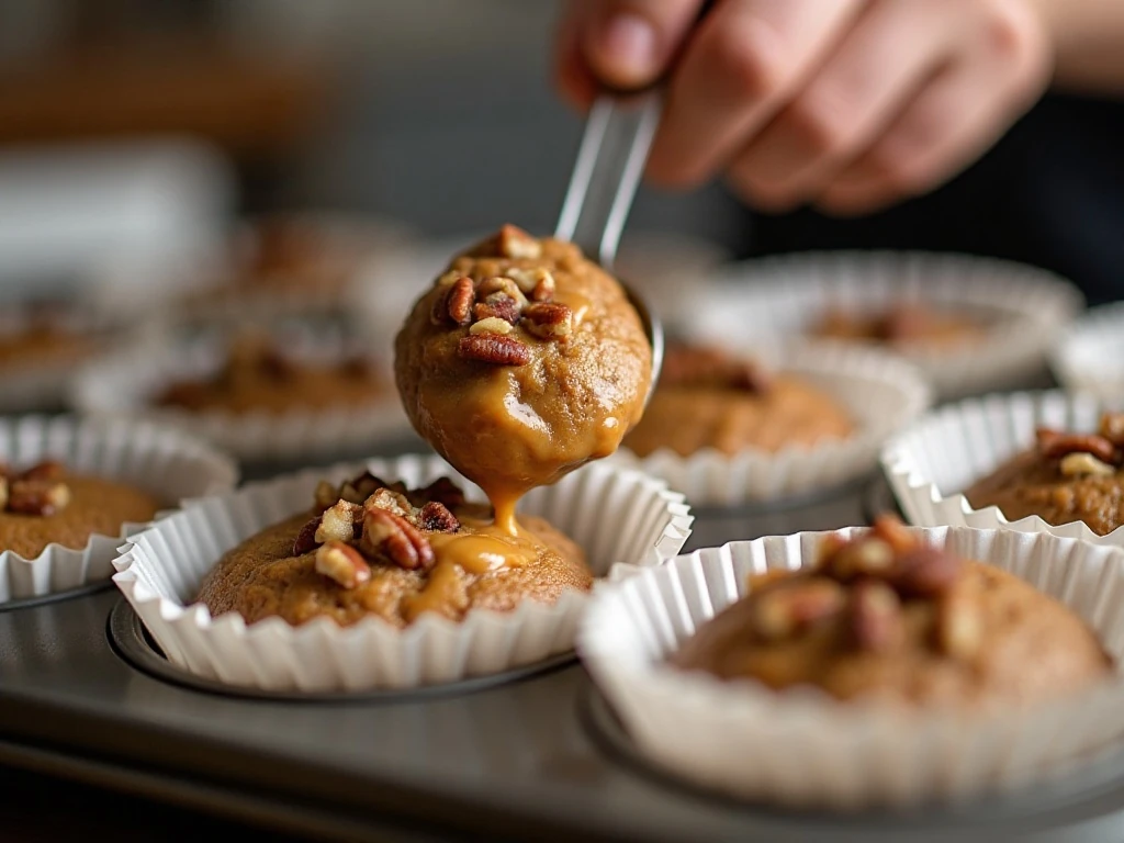 Thick pecan muffin batter being divided into a lined muffin pan