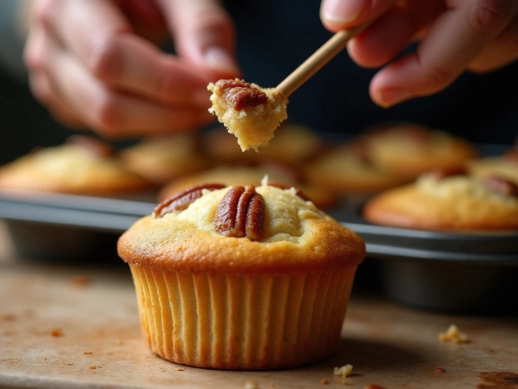 Toothpick testing a pecan muffin for moist crumbs