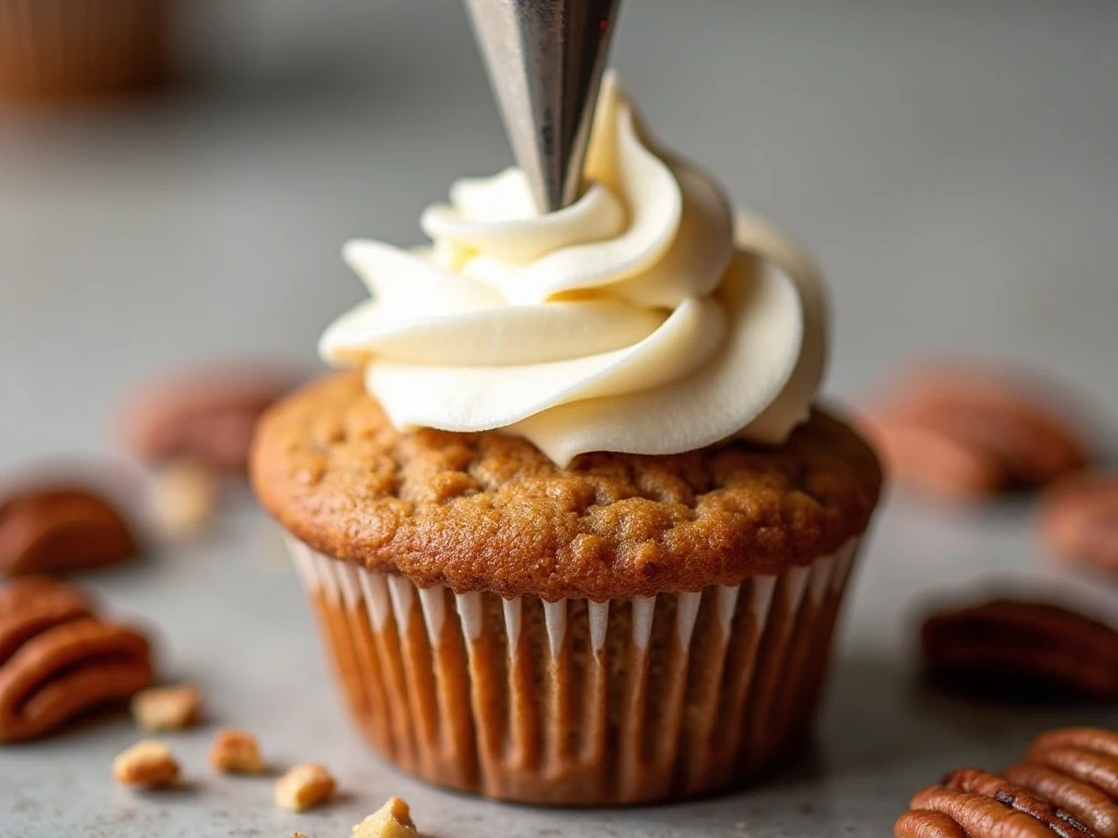 Cream-cheese frosting and chopped pecan garnish on a muffin
