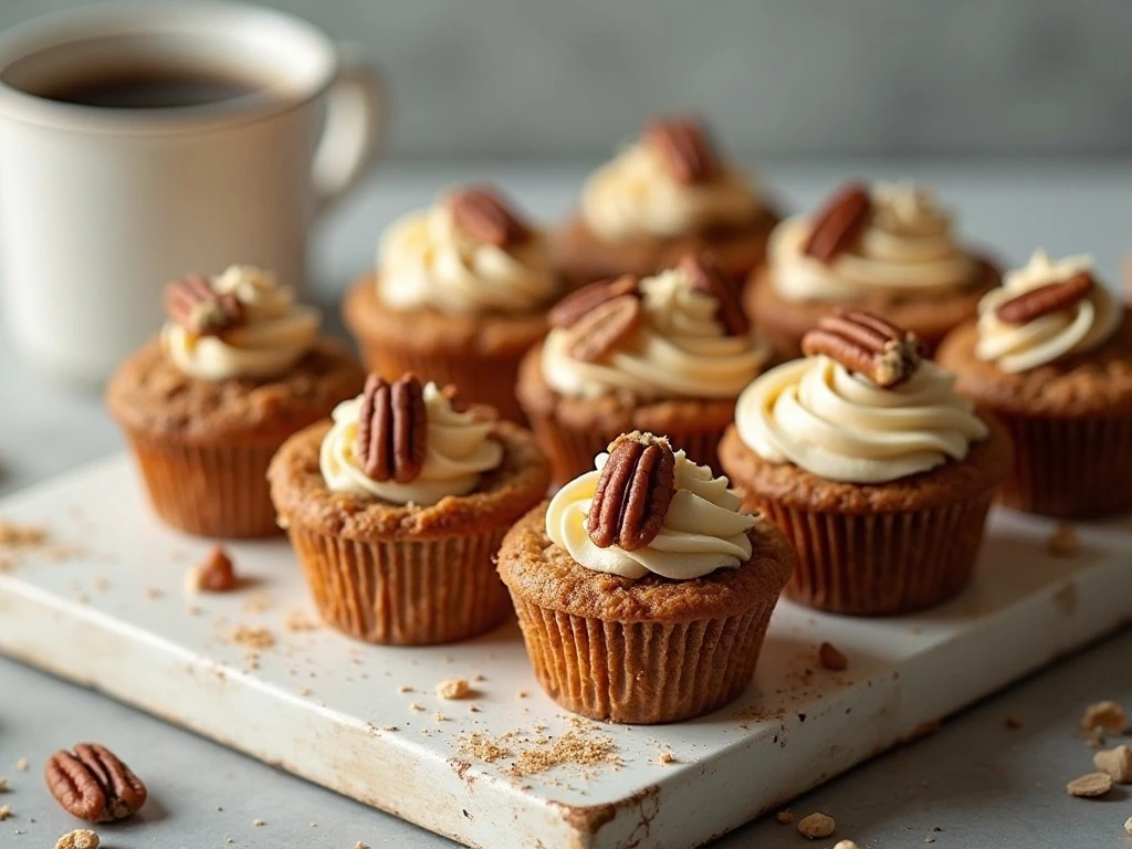 Platter of frosted pecan pie muffins served for breakfast