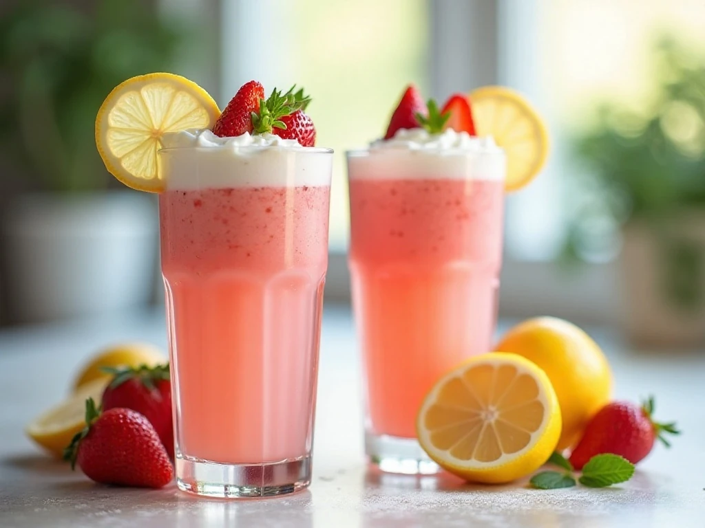 Two creamy frosted strawberry lemonades topped with whipped cream