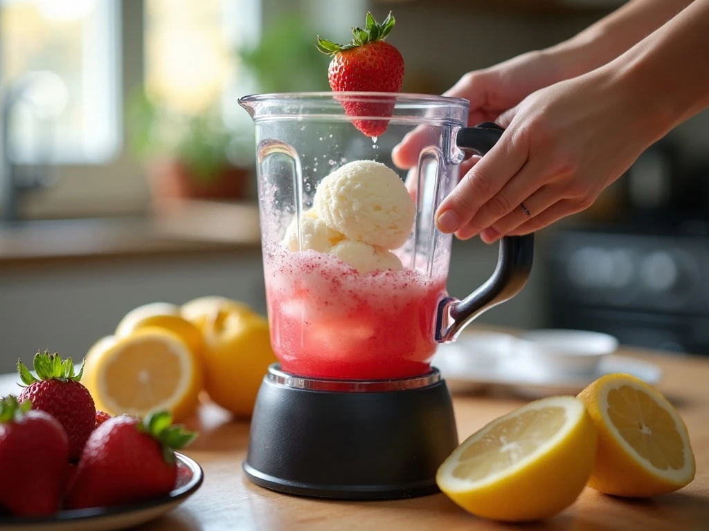 Blending frozen strawberries and lemonade for a frosted drink
