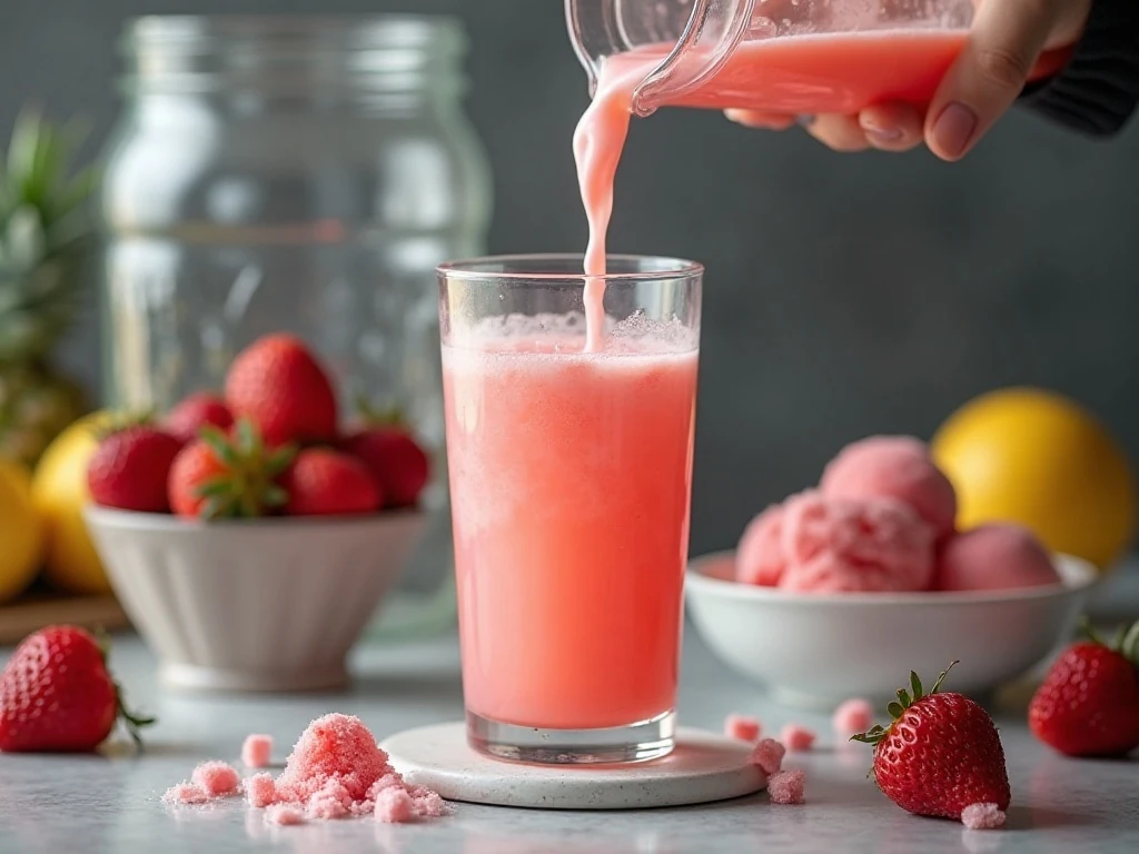 Thick creamy strawberry lemonade being poured into a glass