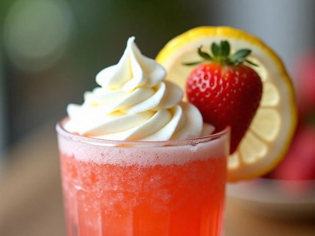 Whipped cream and fresh fruit garnish on strawberry lemonade