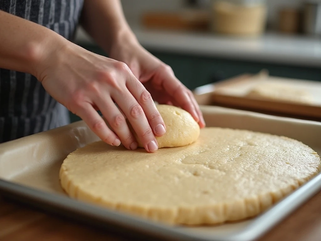 Pressing sugar cookie dough evenly into a baking pan