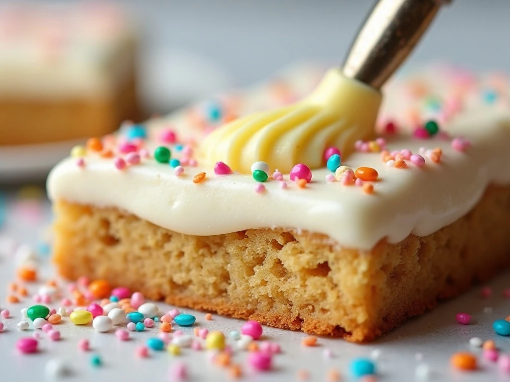 Buttercream frosting and sprinkles on sugar cookie bars