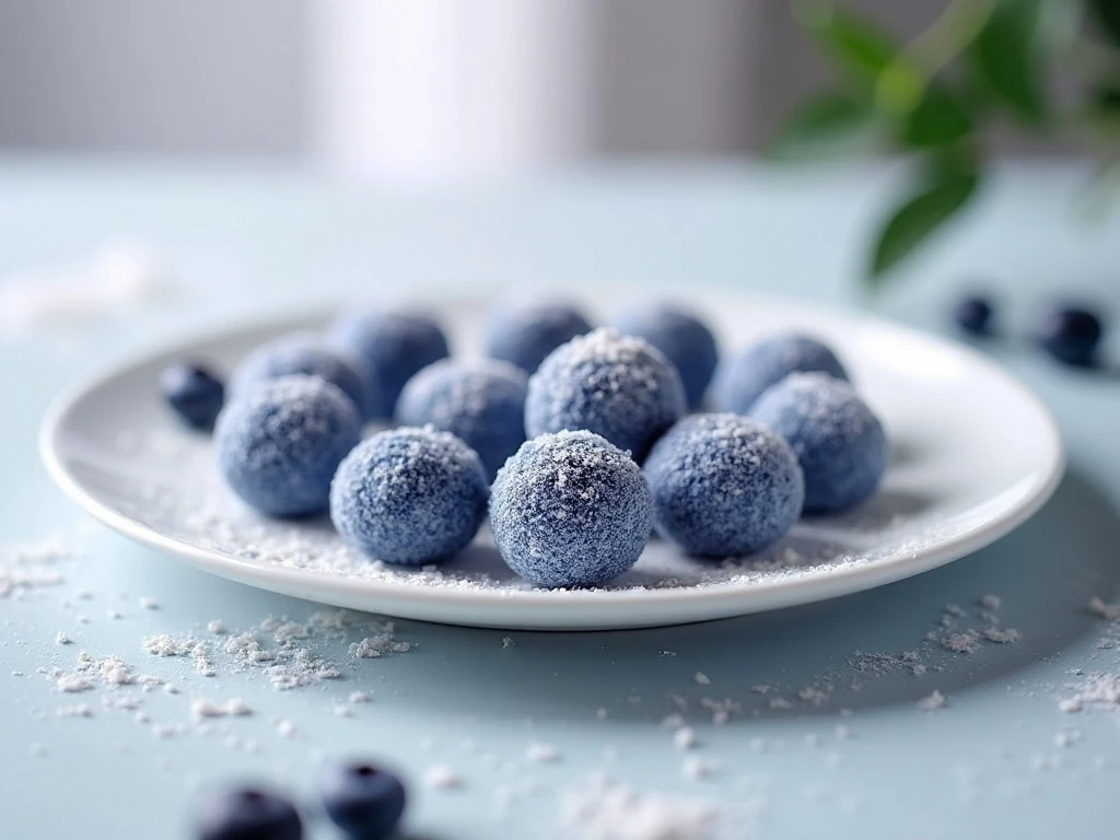 Frozen blueberry yogurt bites arranged on a white plate