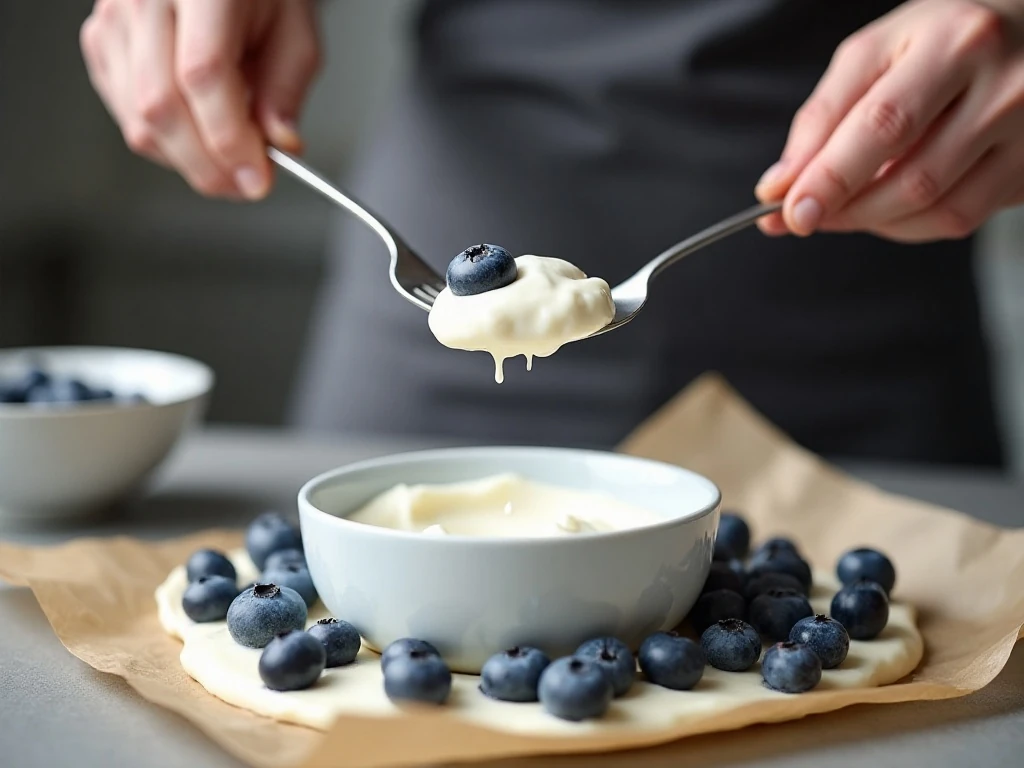 Coating blueberries in Greek yogurt for freezing