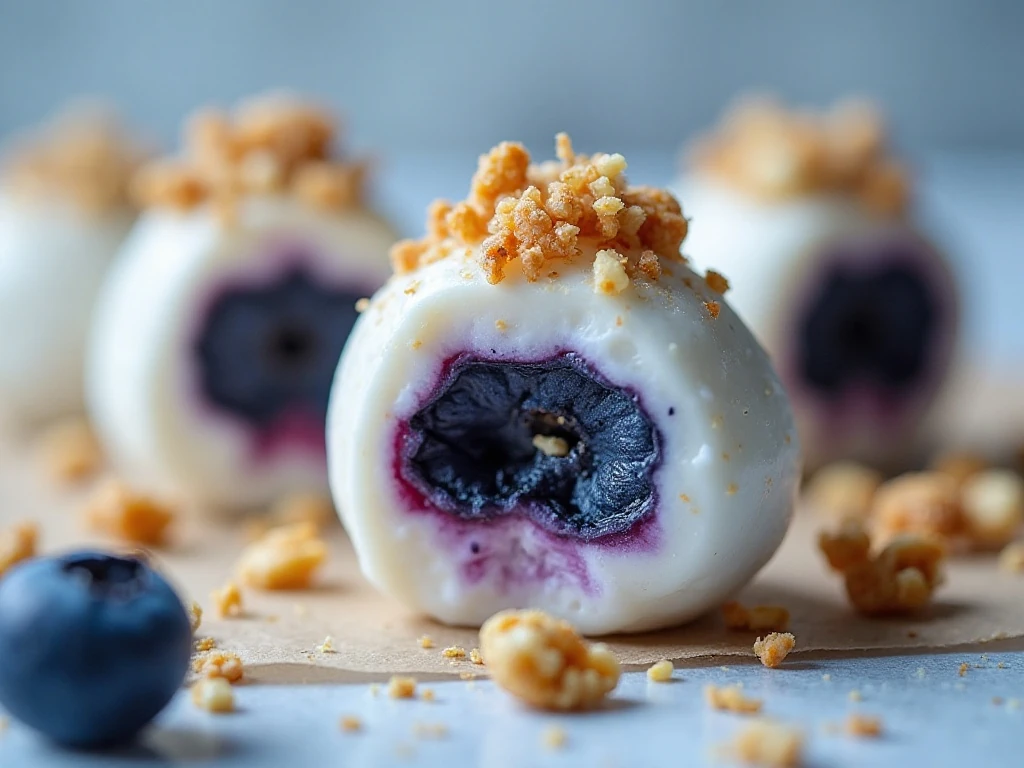 Close-up of nut and granola topped frozen blueberry bites