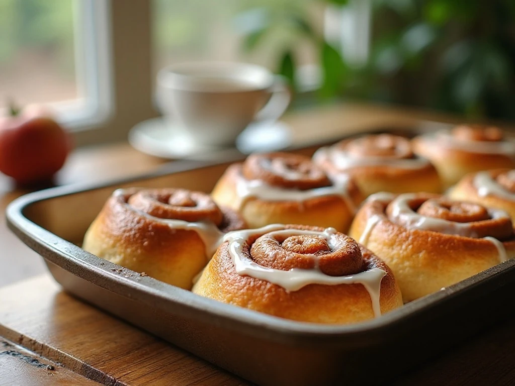 Freshly baked frozen bread dough cinnamon rolls in a baking pan
