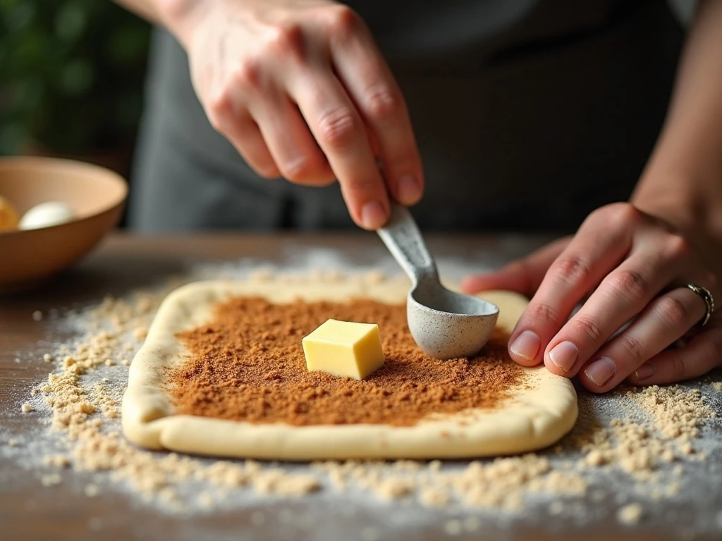 Preparing the cinnamon sugar filling on rolled bread dough