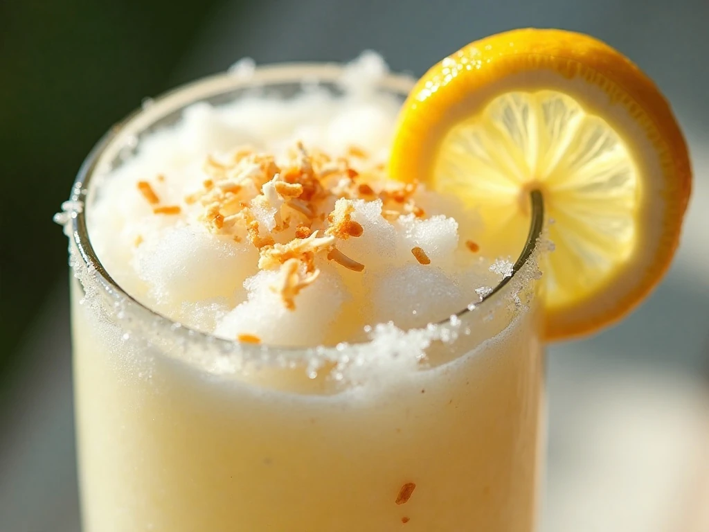 Creamy frozen coconut lemonade topped with toasted coconut and lemon