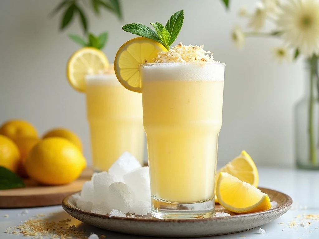Frozen coconut lemonade with lemonade ice cubes and garnishes