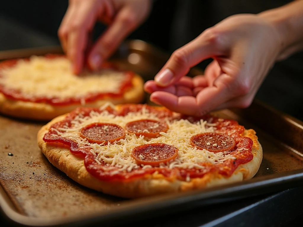 Placing topped frozen French bread pizzas on a preheated baking sheet