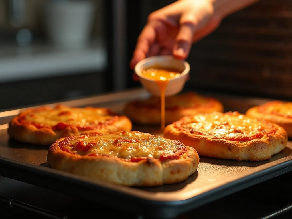 Frozen French bread pizzas baking on a hot surface for a crisp bottom