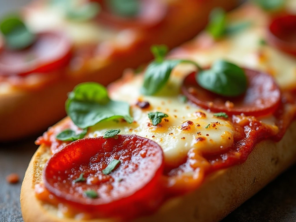 Crispy French bread pizza with pepperoni, herbs, and red-pepper flakes