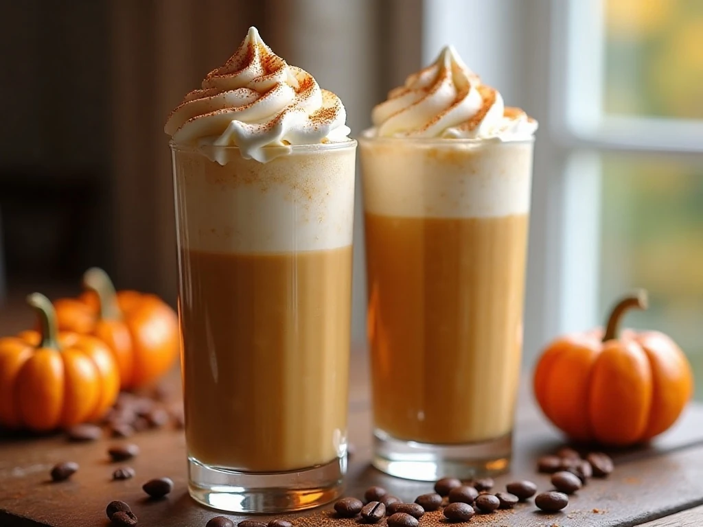 Two creamy frozen pumpkin spice coffees ready to serve