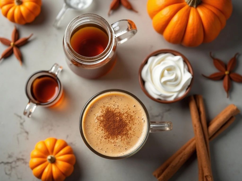 Ingredients for frozen pumpkin spice coffee arranged for blending